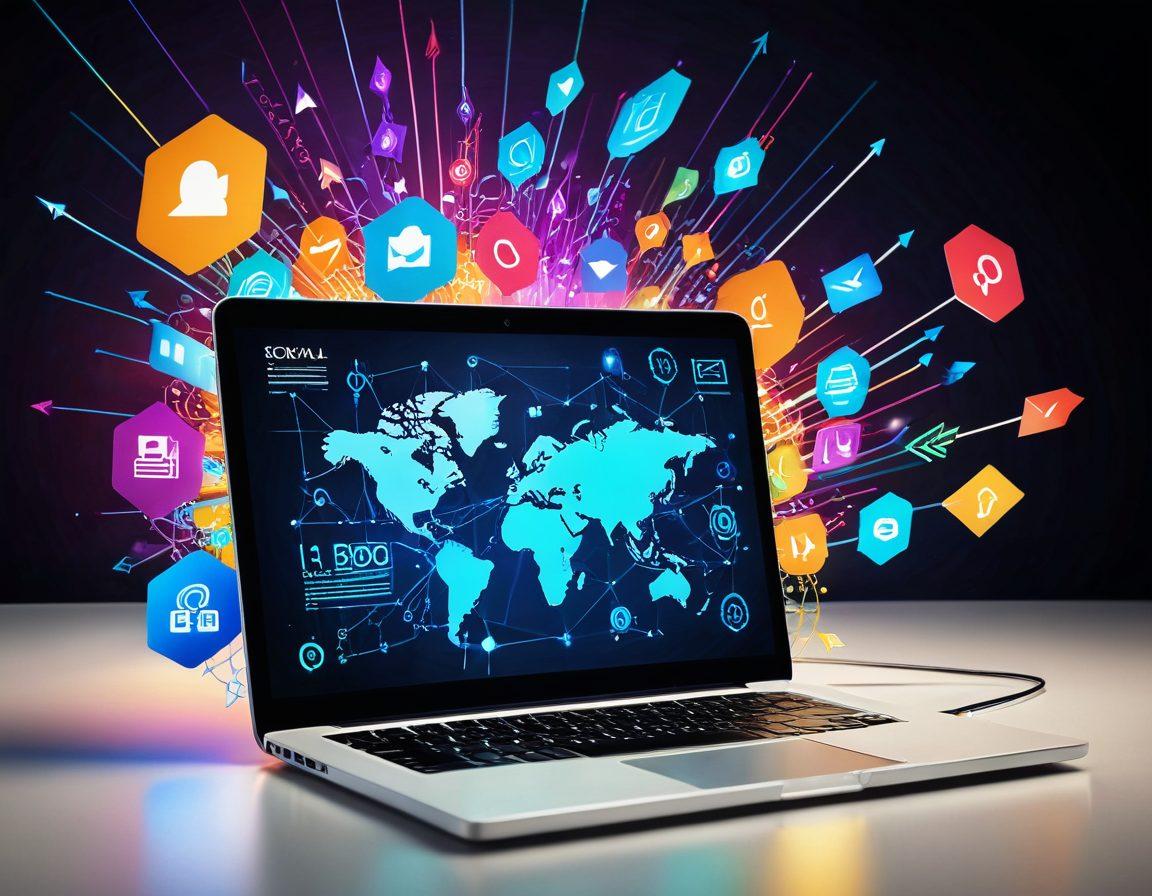 An intricate digital landscape featuring a vibrant laptop displaying a blog on one side and a thriving e-commerce store on the other, surrounded by glowing icons of social media, SEO, and analytics graphs. Elements like arrows illustrating growth and interconnected networks add dynamism, while a guiding compass symbolizes navigation through digital marketing. The background is filled with abstract patterns representing the internet and technology. super-realistic. vibrant colors. 3D.