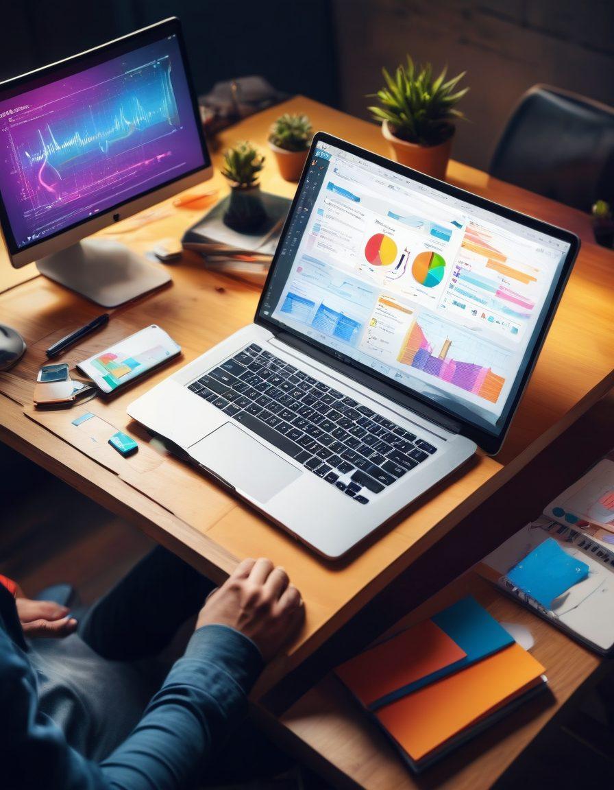 A dynamic scene depicting a creative workspace with a content creator brainstorming ideas on a notepad, surrounded by a laptop displaying SEO analytics. Include a colorful infographic showcasing growth strategies and social media icons. Background should reflect a blend of digital elements and creativity, symbolizing the Zeekler Platform. vibrant colors. vector art. modern design.